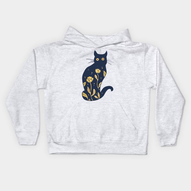 Dark blue and gold cat Kids Hoodie by Ellen Wilberg